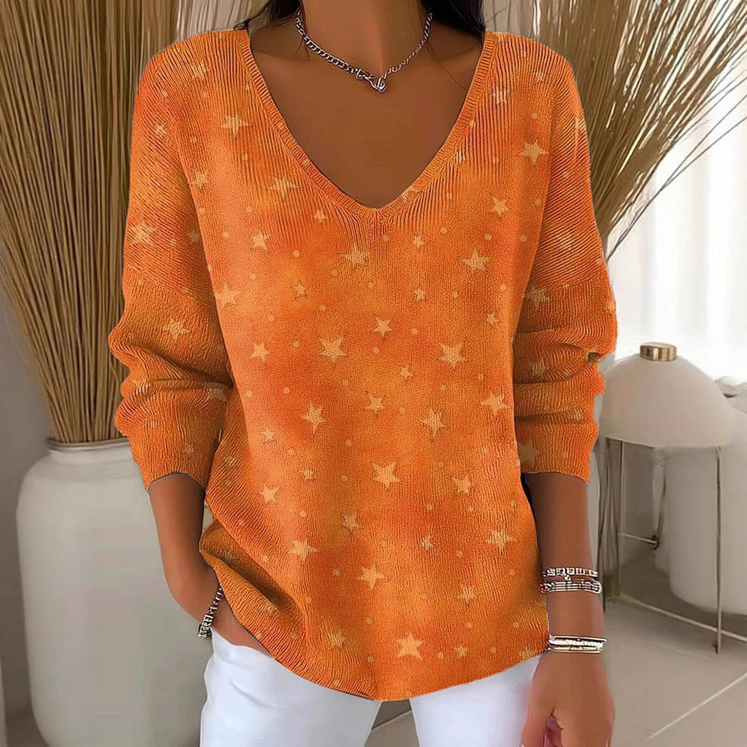 Drop Shoulder V-neck Long Sleeve Pullover 3D Digital Printing Women's Top T-shirt