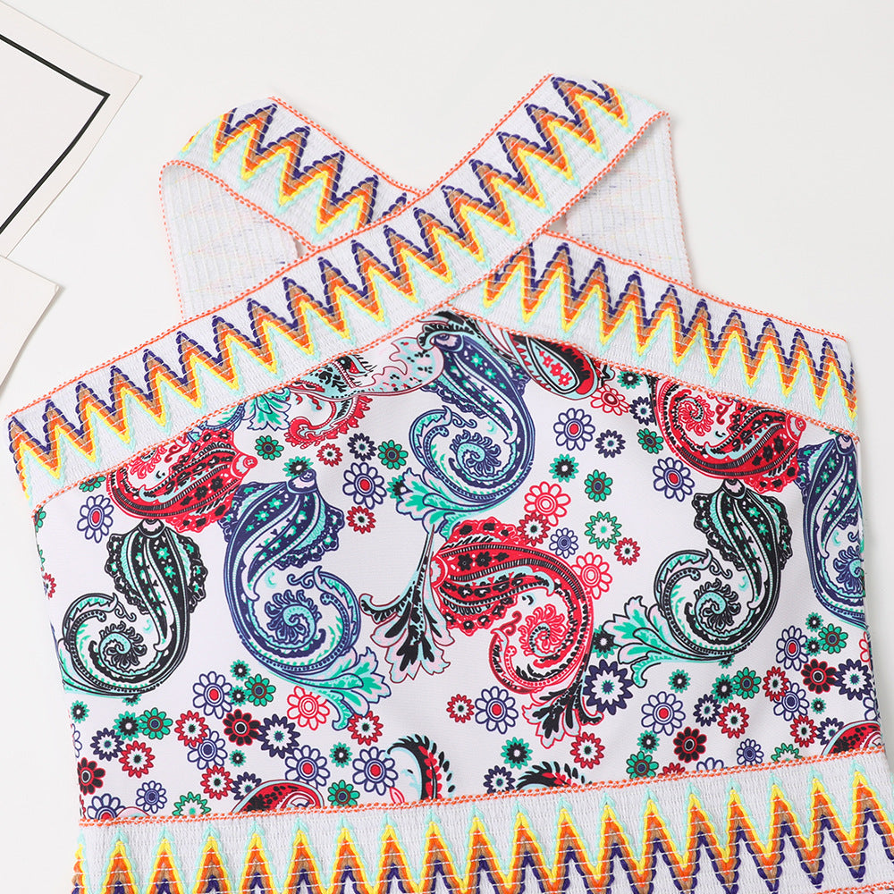 European And American One-piece New Swimsuit Knitted Belt Printed Halter