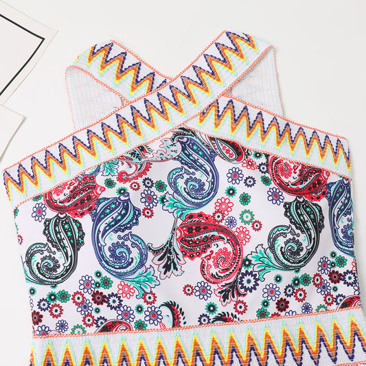 European And American One-piece New Swimsuit Knitted Belt Printed Halter