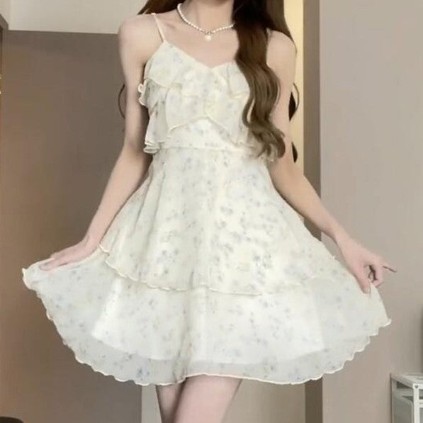 White Chiffon Flower Strap Dress