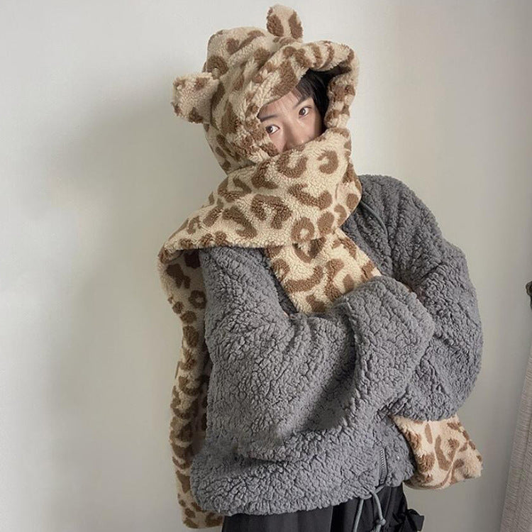 Women's Hat Scarf Integrated Ear Protection Warm Plush Hat