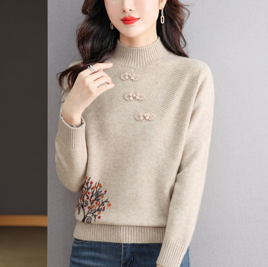 Chinese Style Half Turtleneck Bottoming Shirt Middle-aged Mom Sweater Chinese Knot Button Top