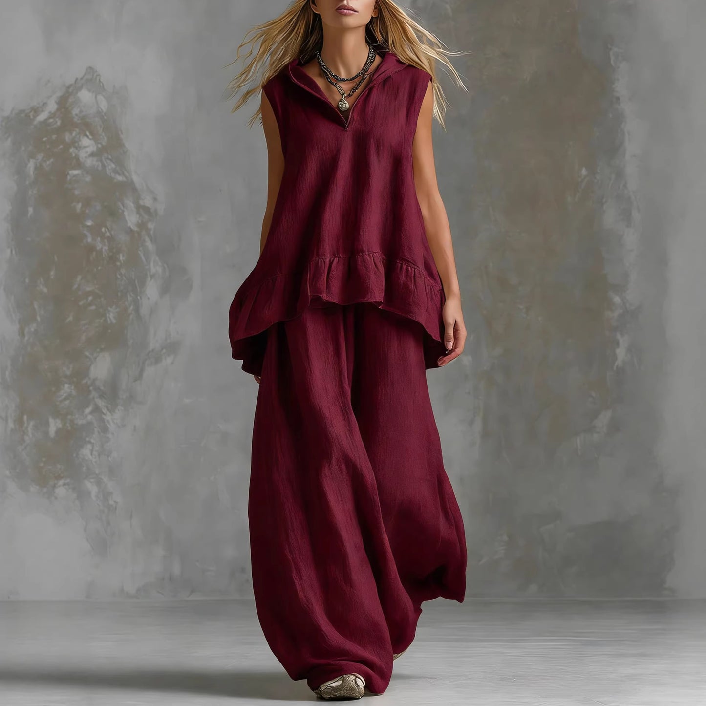 Casual Sleeveless Top And Fashionable Wide-Leg Pants Two-Piece Set