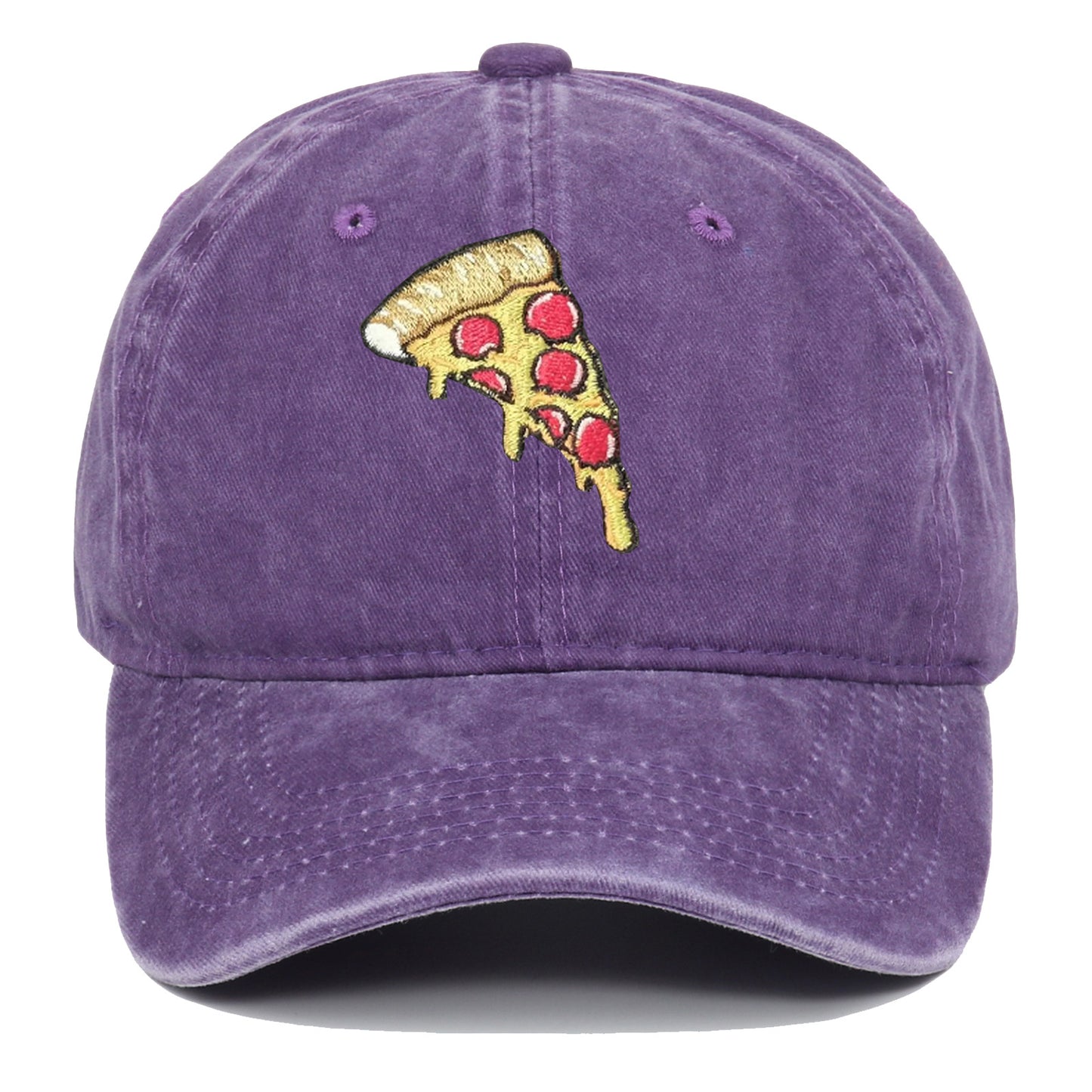 Pizza Embroidery Soft Top Baseball Cap Retro Worn Looking Washed-out