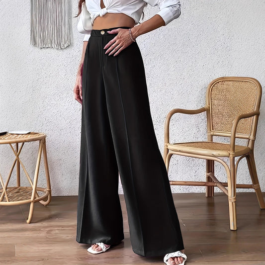 Elegant Buttoned-up Loose-fitting Straight-leg Suit Pants
