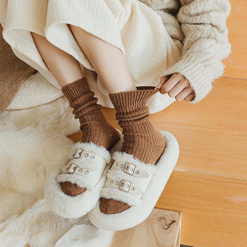Solid-color Vertical-striped Wool Womens Socks For Fall And Winter