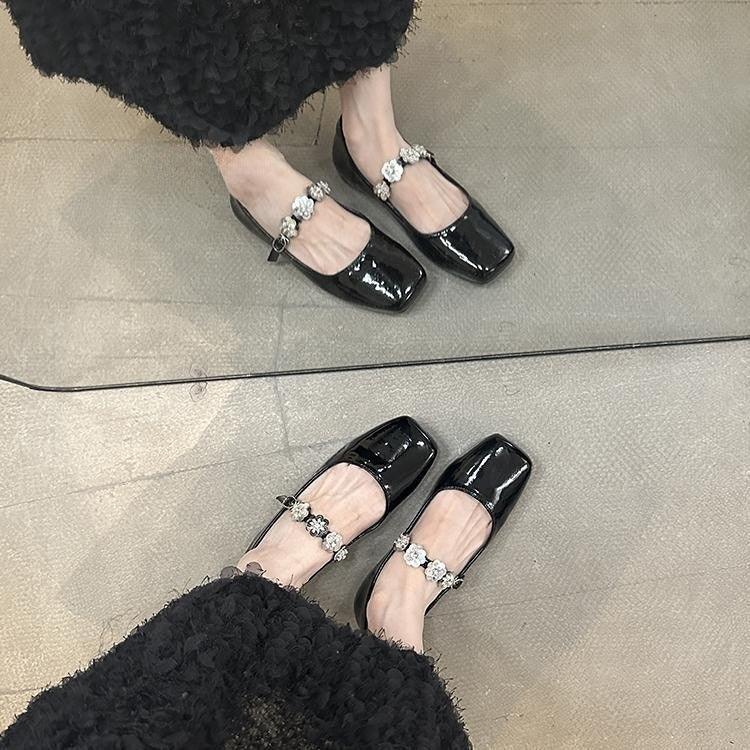 French Minority Square Head Sequin Buckle Mary Jane Shoes