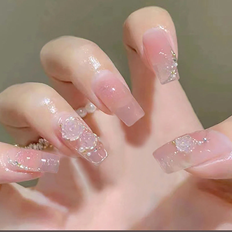 Gentle Style Nail Tips Three-dimensional Camellia Blush Blooming
