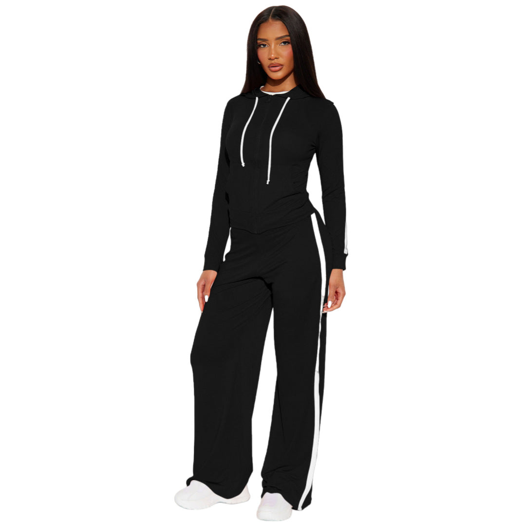 Stylish Color-Block Patchwork Two-Piece Set With A Hooded Top