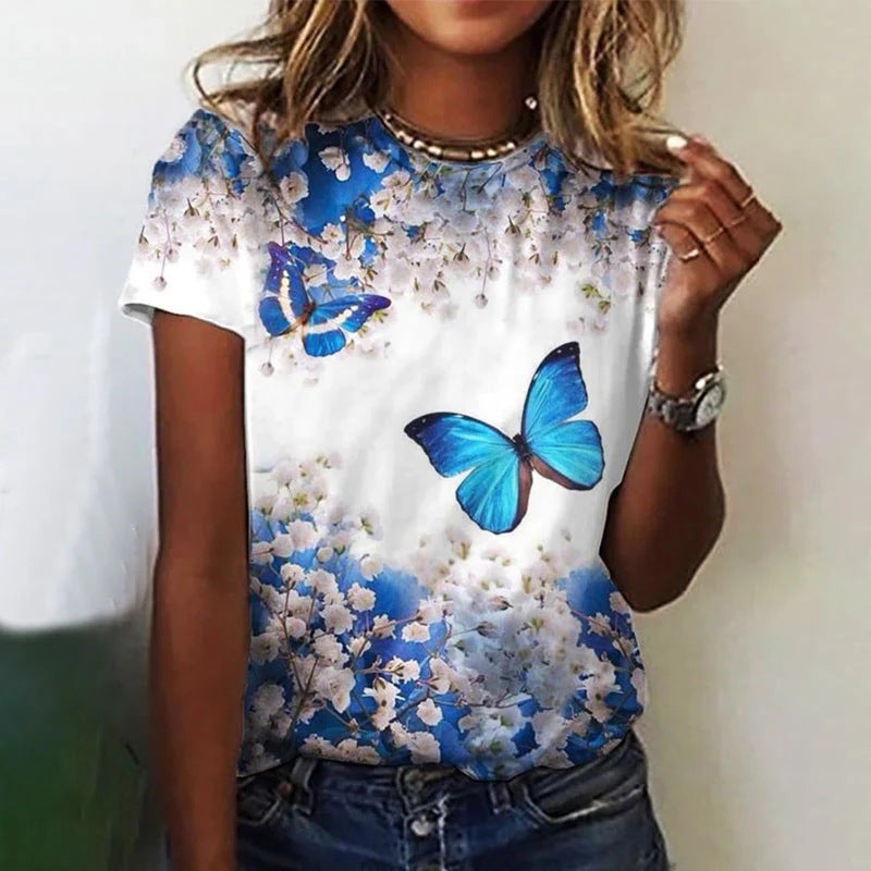 Dame T-shirt med rund hals og korte ærmer med 3D-blomsterprint