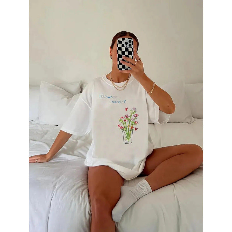 All-match Commuter-friendly Cotton Short-sleeve Top With A Printed Design