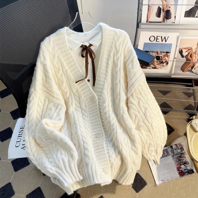 Womens Solid-Color Loose Soft Textured Cable-Knit Sweater Jacket