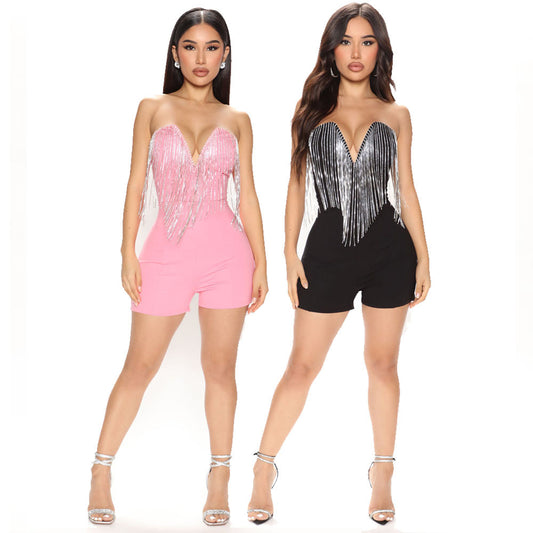 Women's Fashion Tube Top Deep V Sexy Crystal Tassel One-piece Shorts