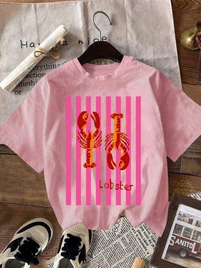 Casual Round Neck Short Sleeves Lobster Print Gra