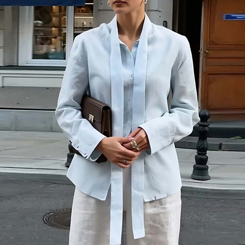 Elegant Tie Summer And Autumn Solid Color Top Korean Style Casual Long Sleeve Shirt