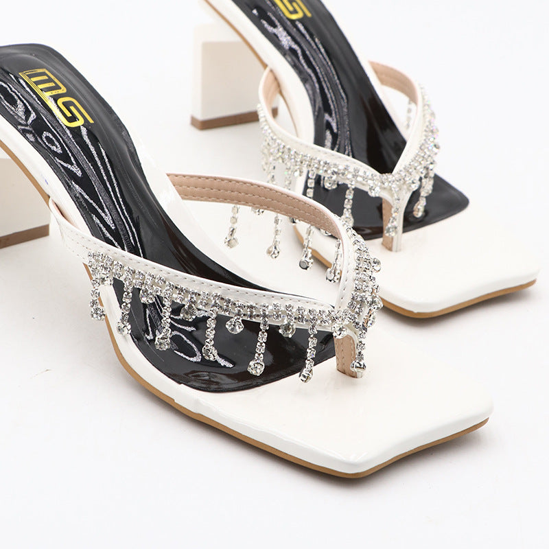 Square Toe Rhinestone High-heeled Outdoor Women's Fashionable Chunky Heel Plus Size Sandals