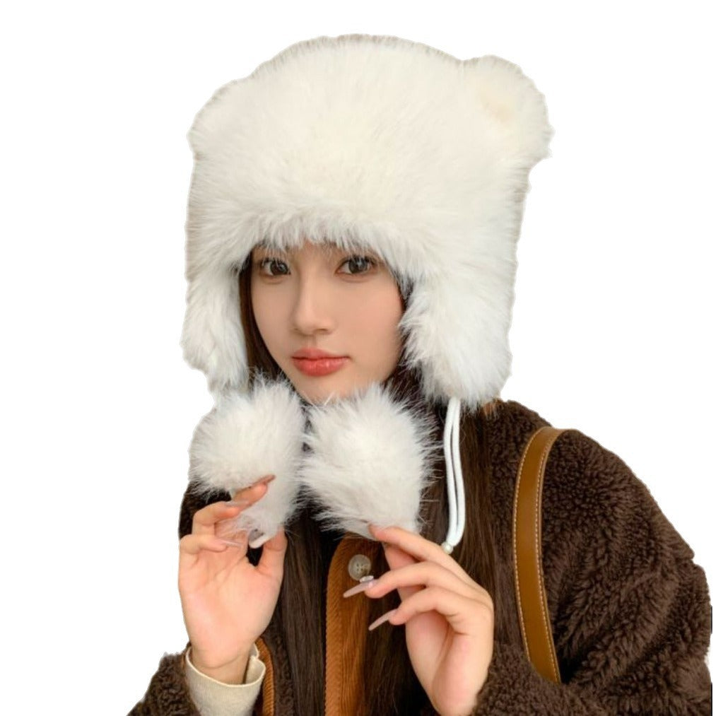 Winter Earflaps Thick Plush Women Cute Bear Ears Hanging Ball Thermal Head Cover Beanie Hat