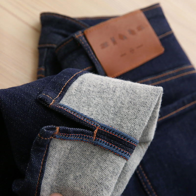 Fleece-lined Slimming Straight-leg Brushed Denim Jeans