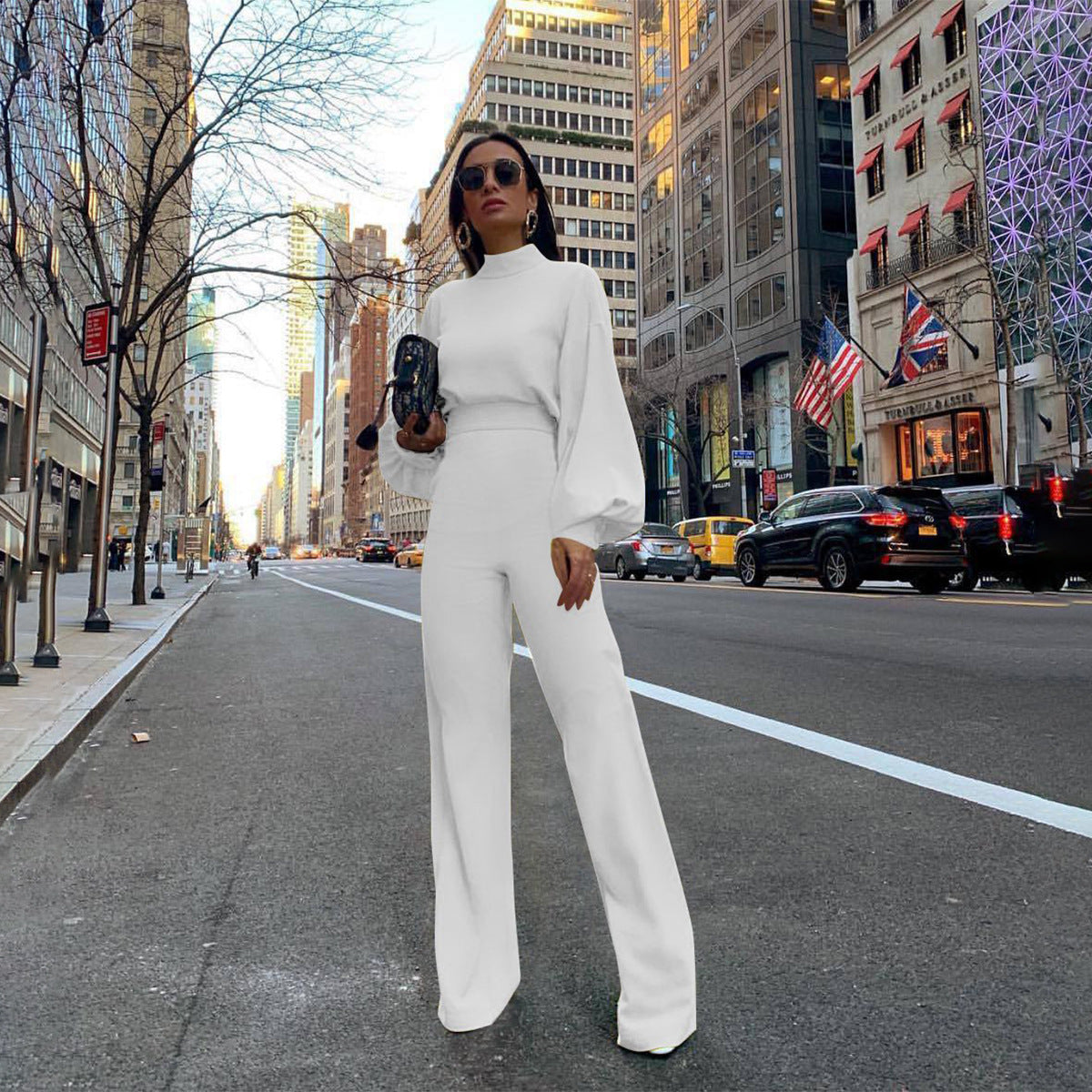 Women's Casual Pants Solid Color Turtleneck Backless Long Sleeve Jumpsuit