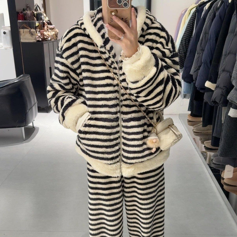 Striped Hooded Pajama Set Homewear For Women