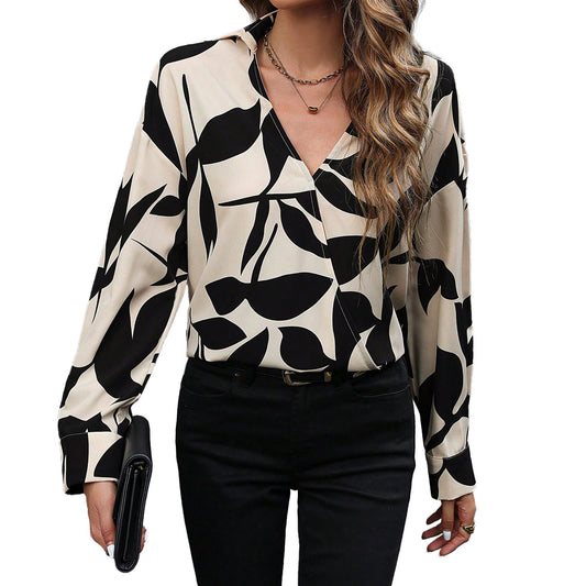 Printed V-Neck Long-Sleeve Loose Casual Fashion Top