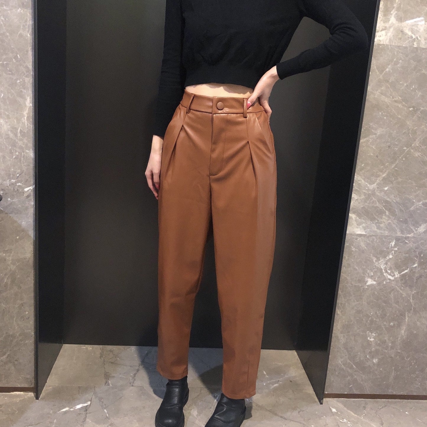Spring New Imitation Leather Elastic Waist PU Trousers