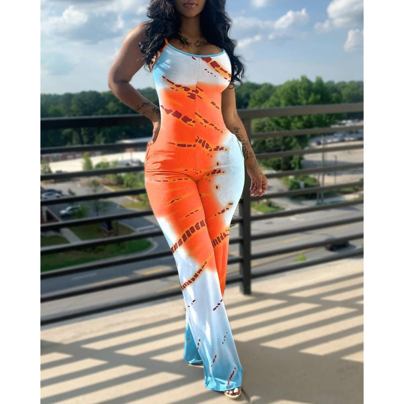 Women's Fashion Print Suspenders Wide Leg Casual Jumpsuit