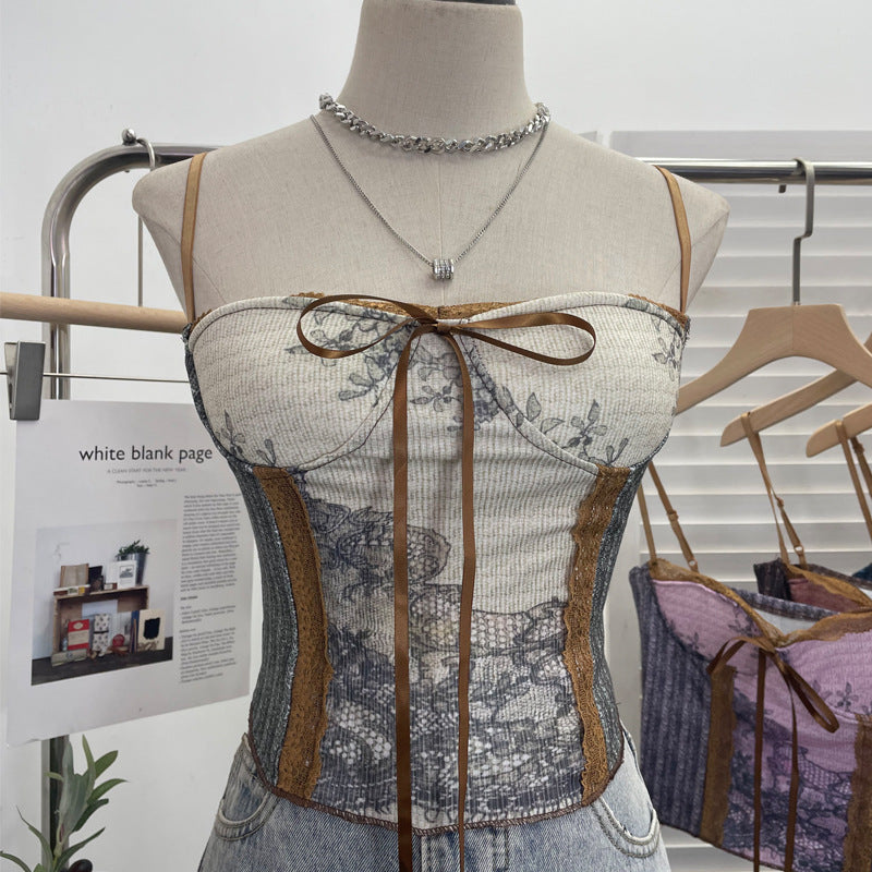 Vintage Ink Painting With Chest Pad Short Lace Up Tube Top For Women