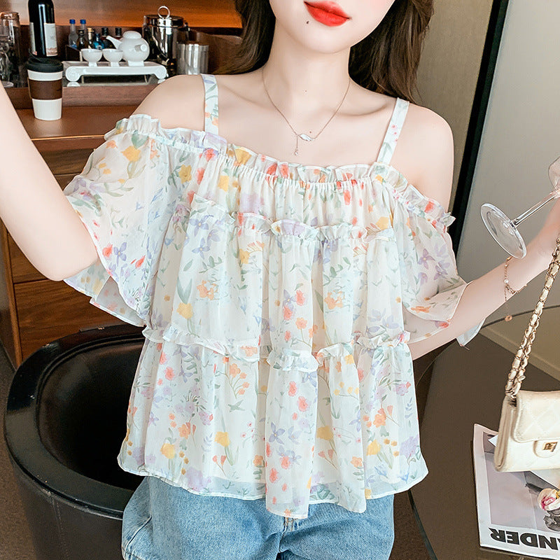 New Doll Shirt Off-shoulder Floral Outerwear One-shoulder Strappy Top