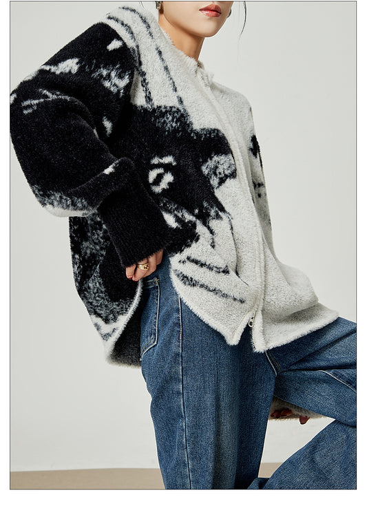 Grey Color Blocked Cardigan Sweater Round Neck Knit