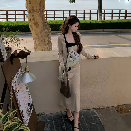 Autumn French-style Chic Color-Block Slip Dress Set