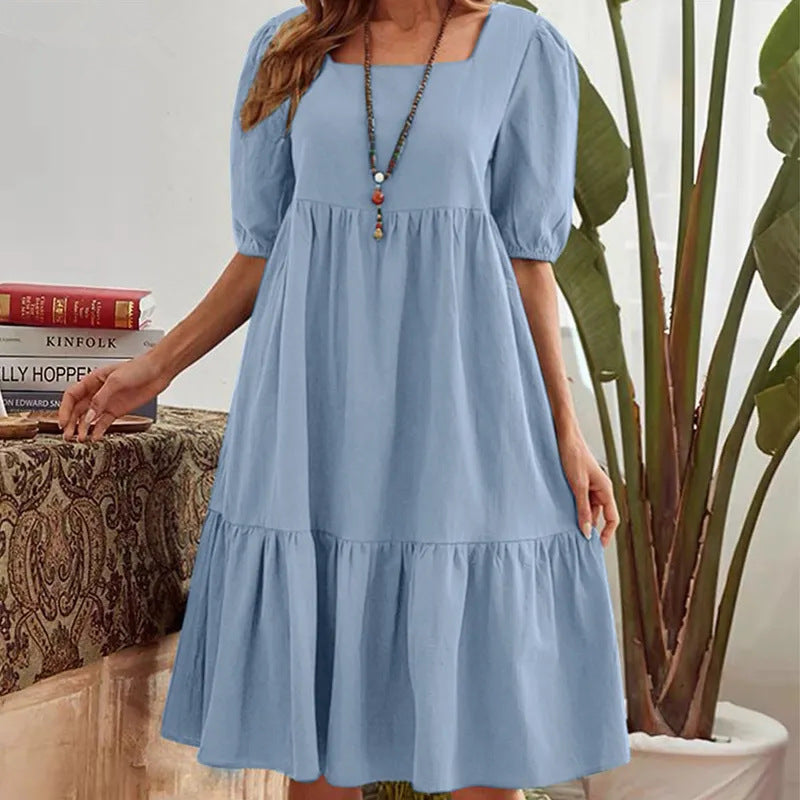 Halter-neck Pleated Short Sleeve Cotton-linen Dress