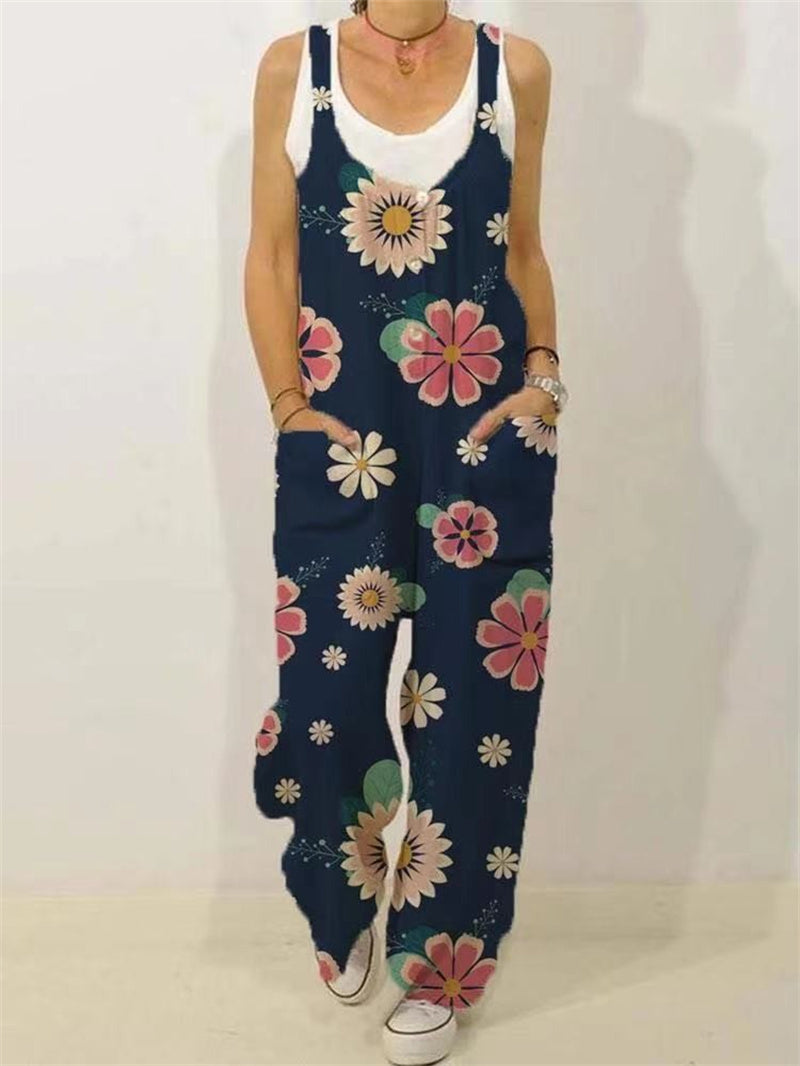 Women's Animal Floral Botanical Print Casual Sleeveless Loose Jumpsuit