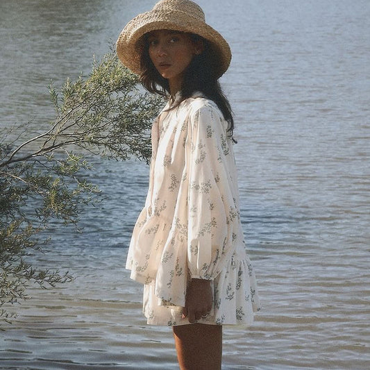 Small High-neck Ruffled Puff Top And Printed Shorts Set