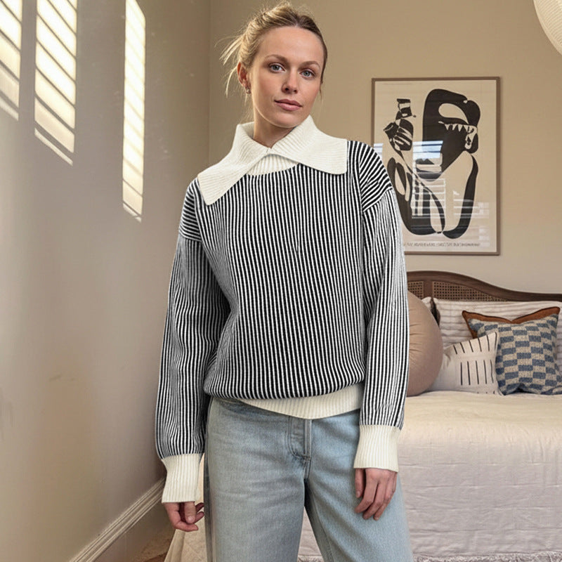 Casual Retro Striped Half-neck Sweater For Women