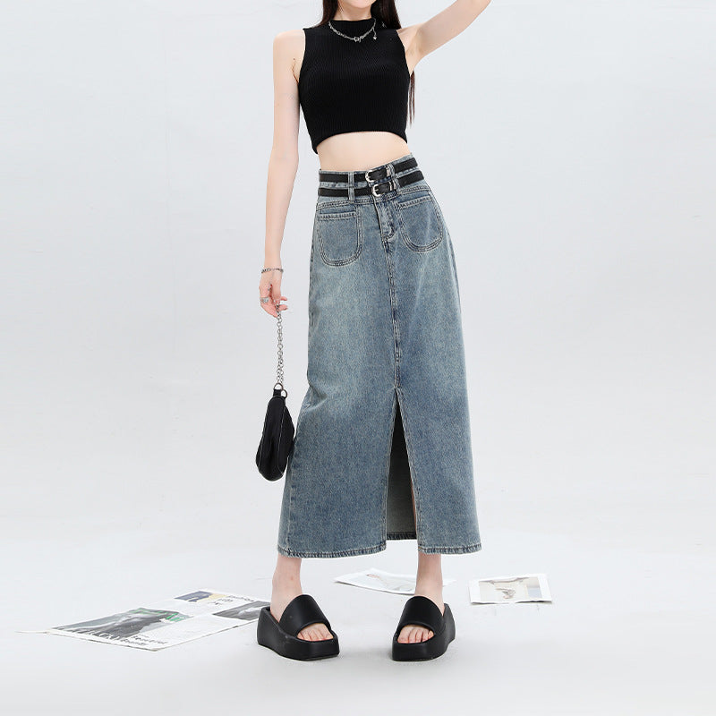 Women's Double Belt Slit Denim Skirt