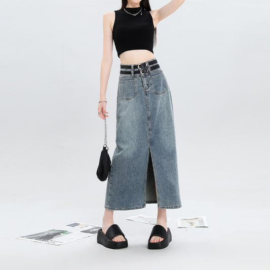 Women's Double Belt Slit Denim Skirt