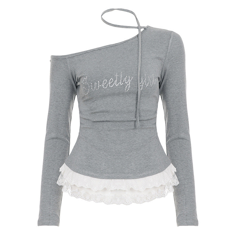Korean Style Sexy Hot Girl Shoulder Lace-up Long Sleeve