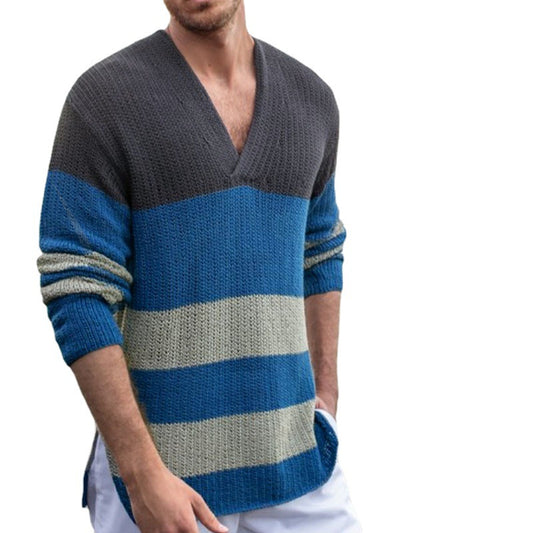 Men's Contrast Striped V-Neck Long Sleeve Thickened Sweater