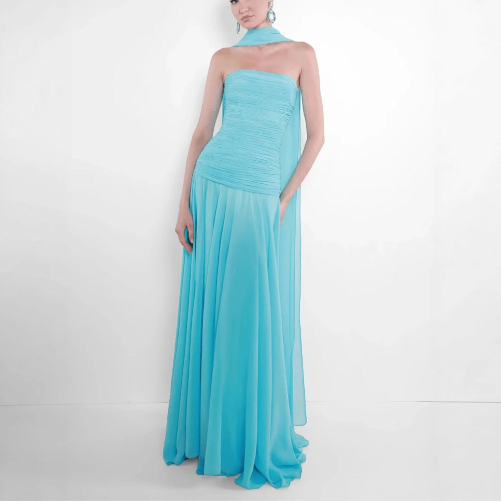 Strapless Pleated Dress With Fluttering Ribbons An Elegant Sophisticated Maxi Gown