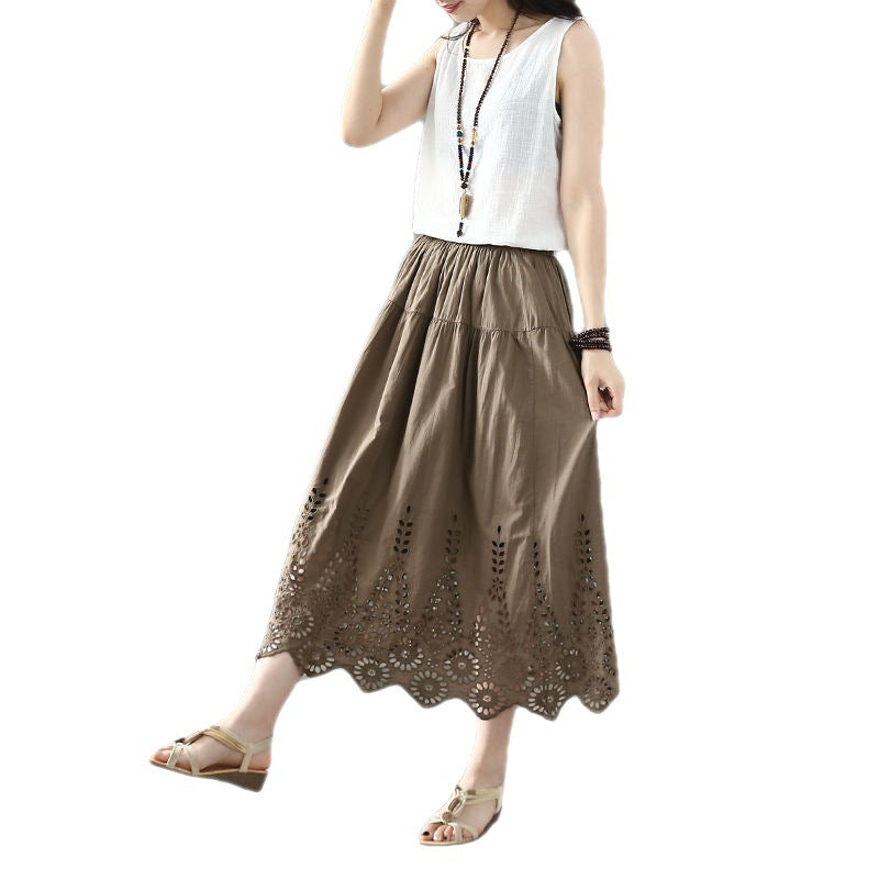 Women's Fashion Retro Art Elastic-waist Hollow Embroidered Skirt