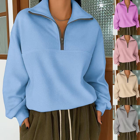 Casual Loose Fashion Solid Color Long Sleeve Zipper Pullover Lapel Sweater