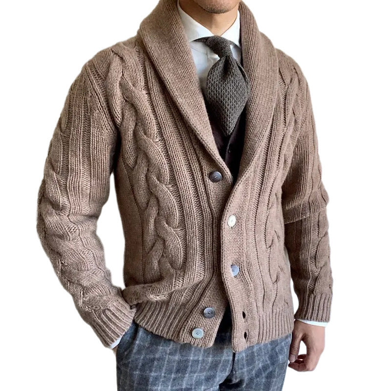 High-neck Twisted Knit Long Sleeve Sweater Coat For Men