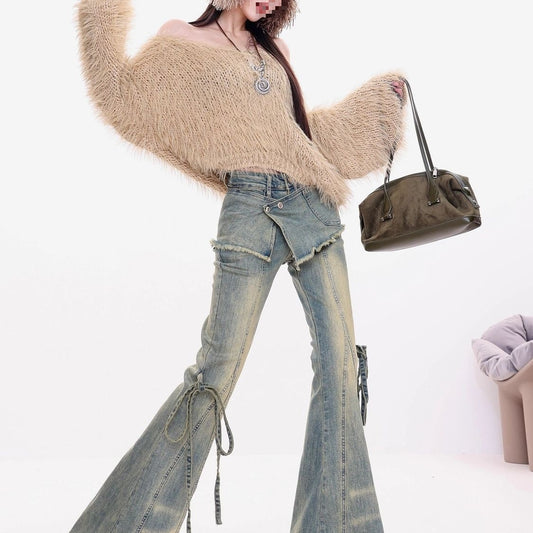 American Retro Layered Party Jeans For Women, Distressed Wash