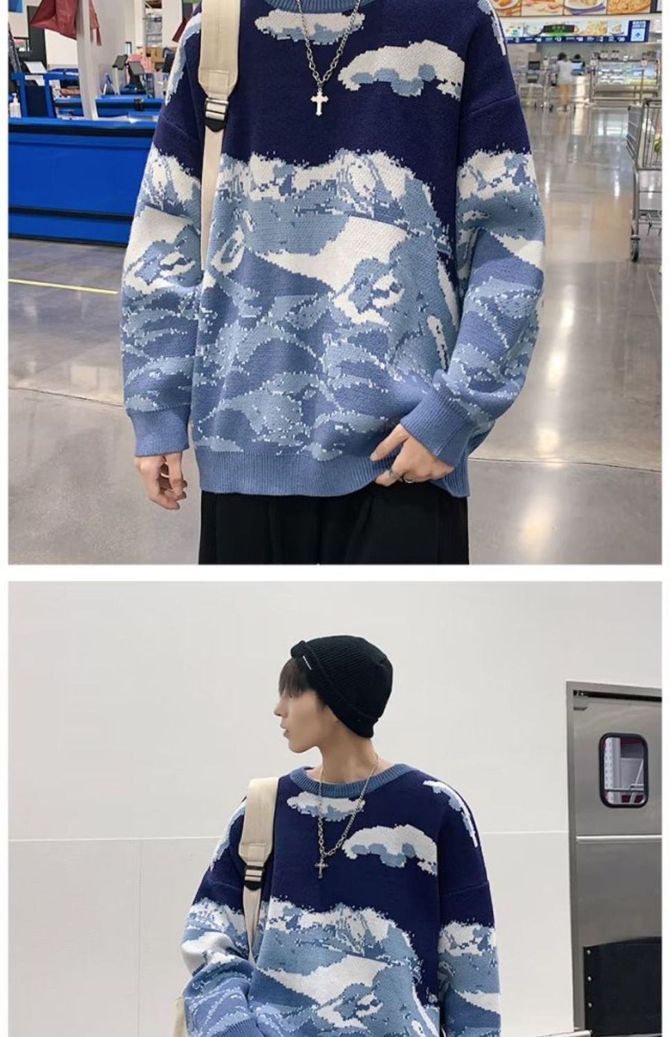 Amerikansk Modebrand Retro Snow Mountain Tie-dye Crew Neck Pullover Sweater