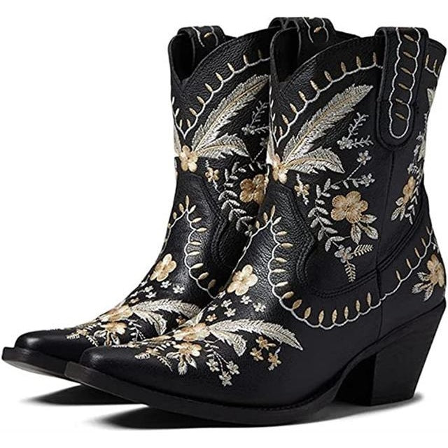 Plus Size Chunky High Heel Embroidered Sleeve Ankle Boots