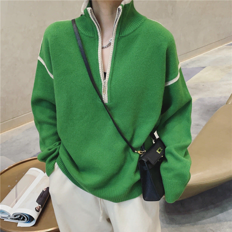 Stand Collar Zipper Loose Multicolor Fashion Sweater Women