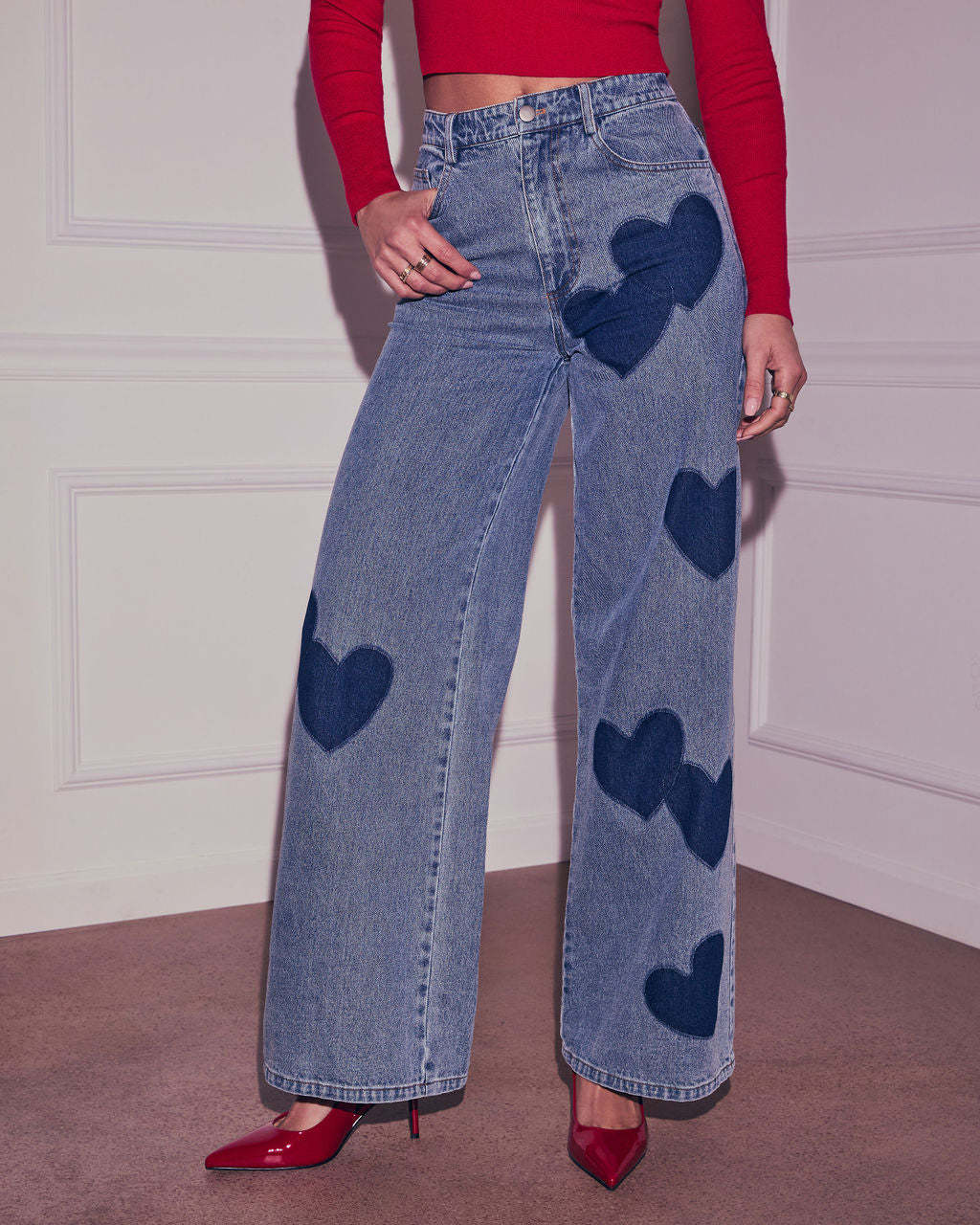 Retro Washed Relaxed Fit Wide Leg Denim Jeans With A Heart Print Design
