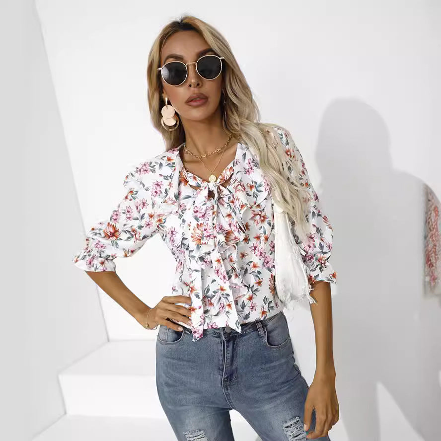 V-neck Printed Half-sleeve Shirt