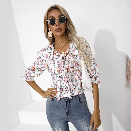 V-neck Printed Half-sleeve Shirt